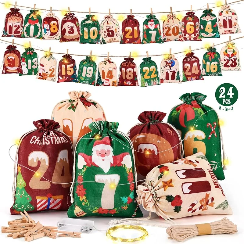 DazSpirit Calendario de Adviento para Rellenar 2025 con Luces LED, 24 Bolsas Grandes de Calendario de Adviento de Tela, Calendario de Adviento para Rellenar por Uno Mismo para Niños y Adultos — Adviento y mesa