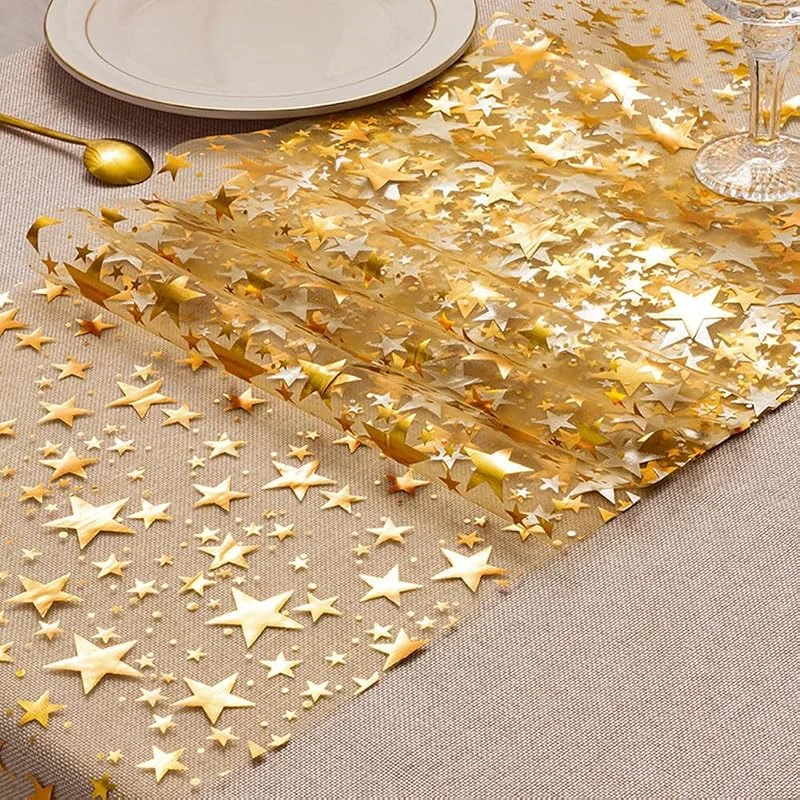 GTYARYUA Camino Mesa Dorado, 1 Volumen Rollo Camino De Mesa Navidad Dorado, Mesa de Navidad, con Estrellas y Copos de Nieve, para Navidads, Cenas de Invierno, Bodas 11*118 IN (Estrellas) — Hogar y cocina