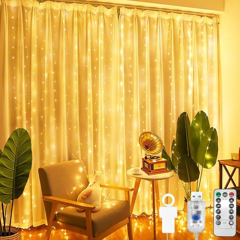 CNMTCCO Cortina de luces decorativas, 200 LED, 2 m x 2 m, para interiores, 8 modos, luces LED decorativas, cortina de luces USB impermeable para colgar, ideal para dormitorios, jardines, fiestas, bodas y Navidad — Luces Navidad