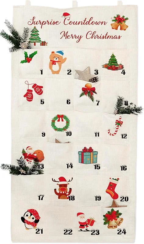 Visita la tienda de GEEKEO Calendario de Adviento para rellenar, Adornos Navideños Calendarios de Adviento Calendario de pared Tela con 24 bolsillos - para Colgar Manualidades Navidad Decoracion — Adviento y mesa