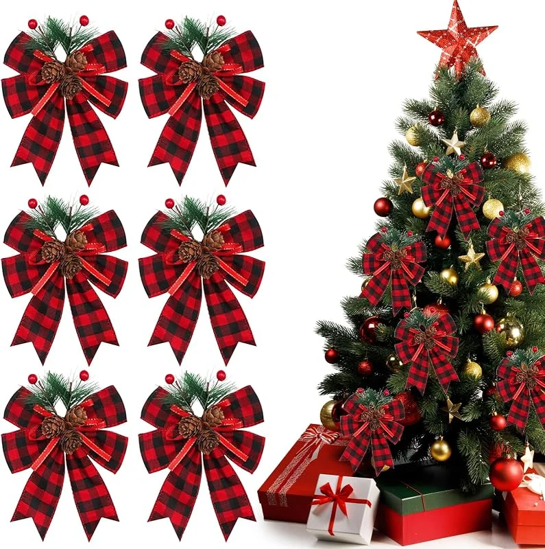EEPLUYTY Juego de 6 Grandes Adornos de Lazo navideño, Adornos de Lazo navideño, Lazo de Navidad Rojo, Lazos de decoración navideña, Adornos para árboles de Navidad, árboles de Navidad, Casas — Envoltorio regalo