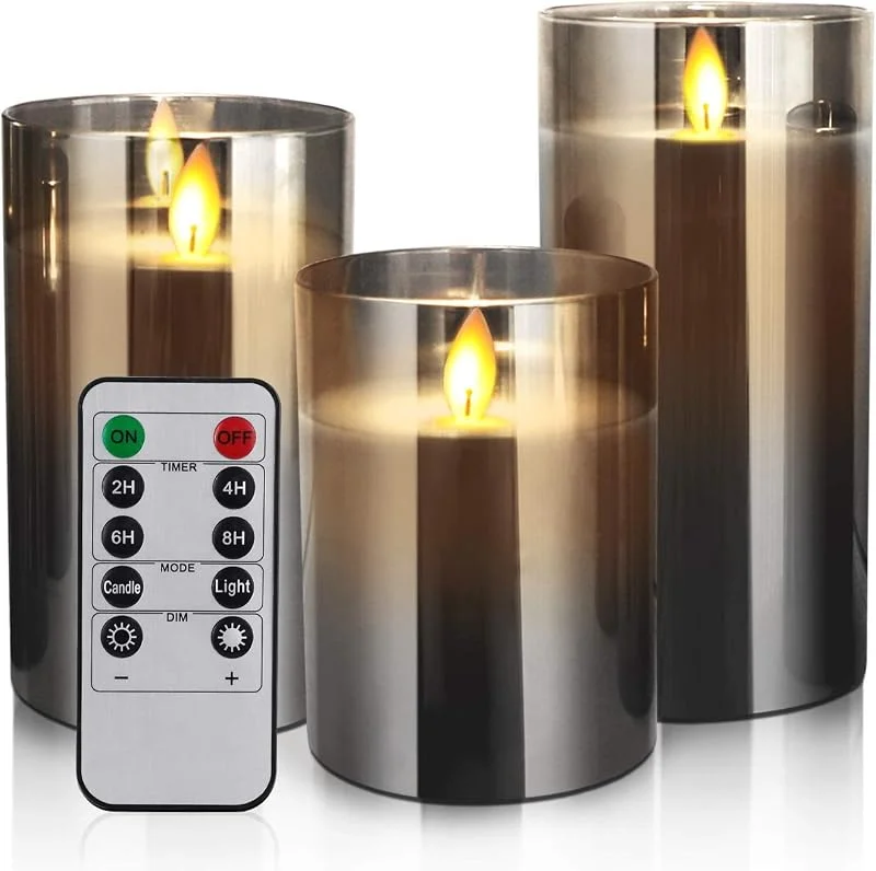 YMing Velas LED sin llama, velas parpadeantes que funcionan con pilas, juego de velas eléctricas de llama móvil con columna de cera real, efecto de cristal dorado con temporizador remoto, color gris. 3psc — Cena a la luz de velas
