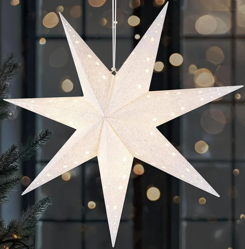 Visita la tienda de BRUBAKER BRUBAKER Estrella de Navidad LED para colgar, 60 cm, estrella de papel con 7 puntas, estrella de Adviento en 3D, funciona con pilas, colgante e iluminada, decoración para ventana, color blanco — Decoracion Navidad