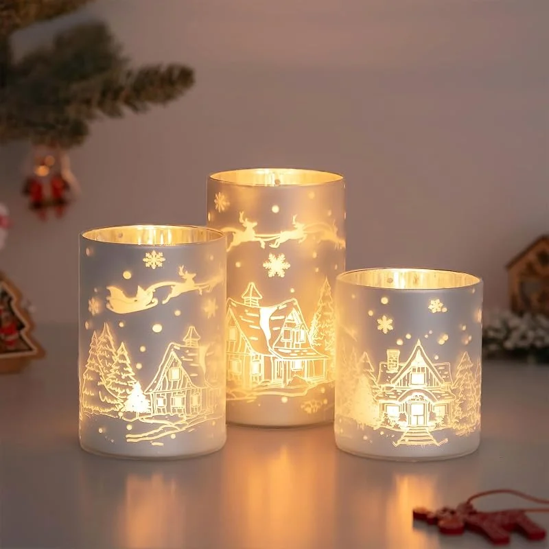 Hewory Portavelas de Pilar para Decoración de Navidad: Hewory Set de 3 portavelas de Cristal para la decoración de la Mesa Fiesta de Navidad Regalo de la decoración de Navidad Portavelas Huracán — Cena a la luz de velas