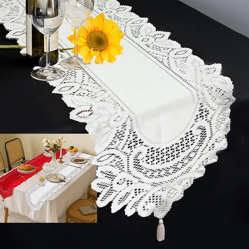 FainFun Camino de Mesa, FainFun Camino de Mesa Elegante, Rustico Lavable para Decoracion Comedor, Comunión, Caminos Vintage de Decoracion Navidad, 33X183CM, Blanco — Hogar y cocina