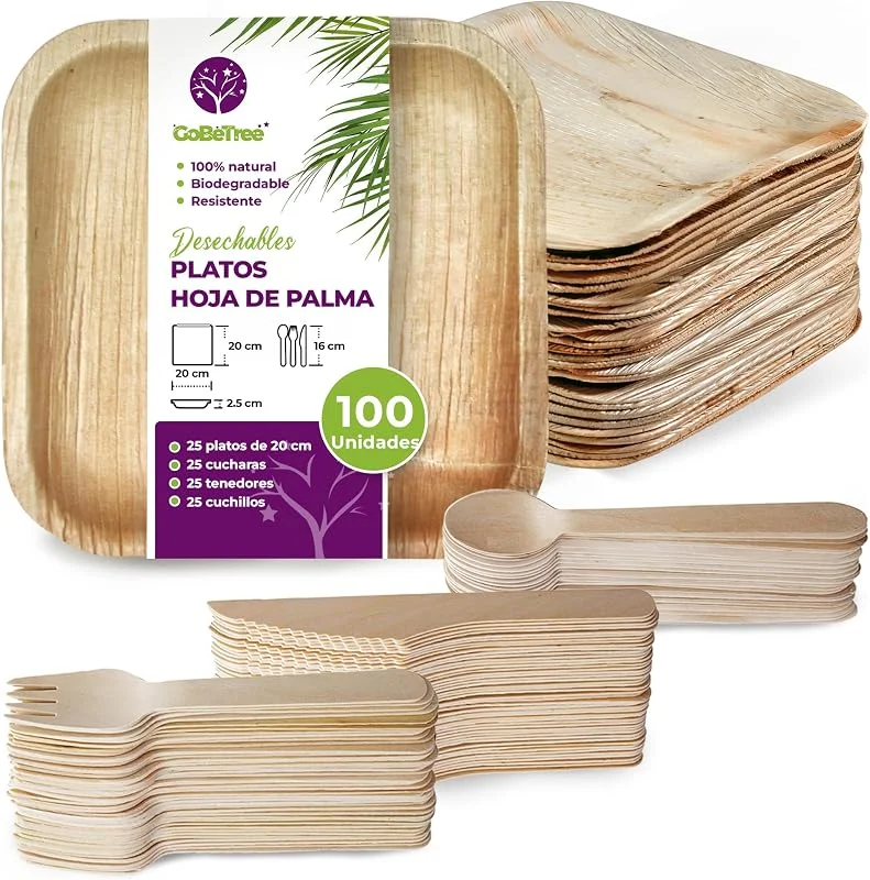 Visita la tienda de GoBeTree GoBeTree Platos Desechables Elegantes de Hoja de Palma con Cubiertos 20 cm — Adviento y mesa