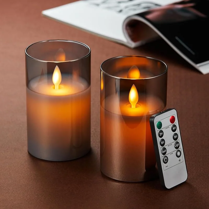 Lonkenn Velas LED Pack de 2, Velas Parpadeante Sin Llama, Funciona con pilas Velas con Vidrio, Vela LED Temporizador con Mando a Distancia, Real Cera, Velas Con y Regulable, Para Dormitorio Fiesta-12.5cm Gris — Luces Navidad