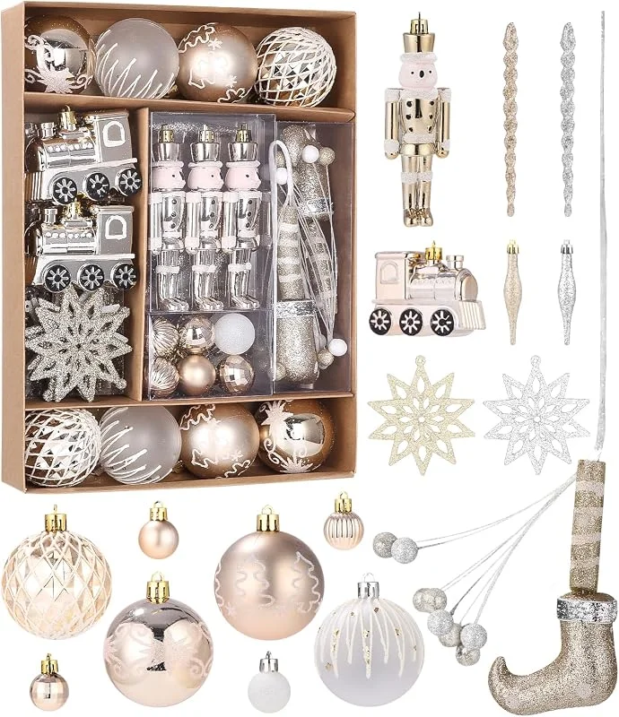 SOBEAU Bolas de Navidad, 50 Piezas Bolas de Navidad champán, Árbol de Navidad de plástico con cordón, Adornos de Navidad irrompibles para la decoración navideña y Las Fiestas — Decoracion Navidad