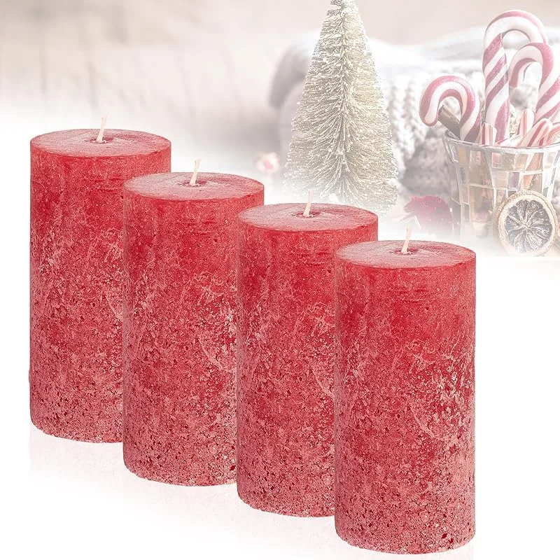 Candelo Juego de 4 Velas de Ambiente Rústico - Rojo - Grandes 12 cm - Larga Duración 54 Horas - Para Navidad y Corona de Adviento - Sin Perfume — Cena a la luz de velas