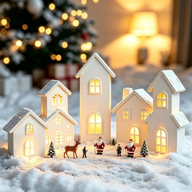 Bseical Pueblo Navideño Casas Casitas Navideñas Madera Luces LED Navidad Decoración — Decoracion Navidad