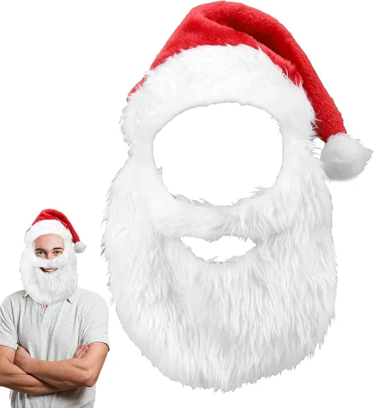 Generisch Gorro de Papá Noel y barba, gorro de Papá Noel, disfraz de Papá Noel, gorro de Papá Noel, adulto, barba blanca, transpirable, multifuncional, para fiestas navideñas — Ropa Navidad
