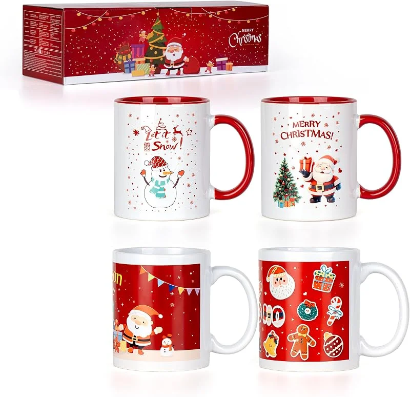JNSMFC Juego de 4 tazas de café de Navidad, tazas de café para fiestas festivas, vajilla de Navidad, tazas de té, tazas de café, decoraciones de Navidad, juego de tazas de cerámica para invierno (rojo — Adviento y mesa