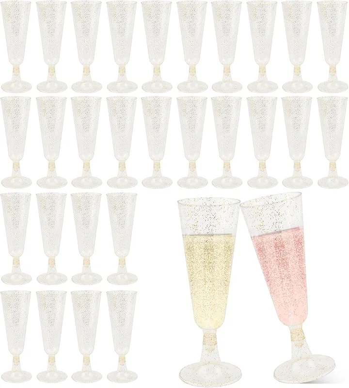 LPZMPZ 30 Piezas Copas de Champán de Plástico 150ml Copas de Vino de Plástico Transparente con Brillos Dorados, Copas de Cava Reutilizables para Boda Cumpleaños Fiesta Picnics Bodas — Vino y mesa festiva