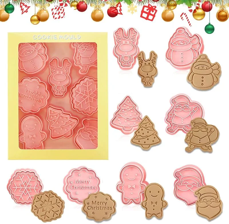 Viilich 8pcs cortadores de galletas de Navidad de plástico, Navidad 3D Cortador para Galletas, Cortadores Galletas Navidad Niños, molde de estampador de galletas, para cookie decoración de pasteles(A) — Hogar y cocina