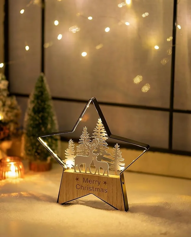 Romadedi Estrella decorativa de madera LED, diseño de estrellas navideñas, iluminación de Navidad, decoración de Navidad, decoración de ventana, decoración interior, estrellas de madera, decoración de — Decoracion Navidad