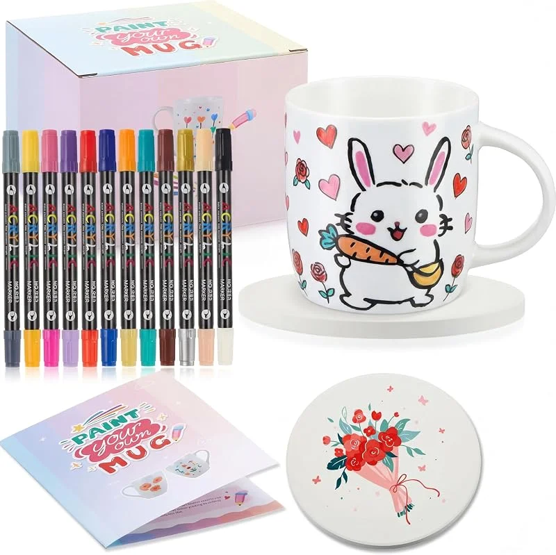 Sinmoe Set Taza para Pintar Kit Pintura Decorar Cerámica DIY con Taza Cerámica Blanco Posavasos y 12 Rotuladores Colores Regalo Bricolaje Creativo para Adultos(Clásico) — Adviento y mesa