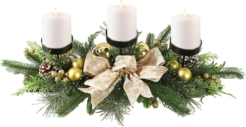 Peosaard Centros de Mesa navideños, portavelas navideño con 3 bandejas, centros de Mesa con Lazo, Adornos, Bayas y Agujas de Pino para Fiestas, Decoraciones — Cena a la luz de velas