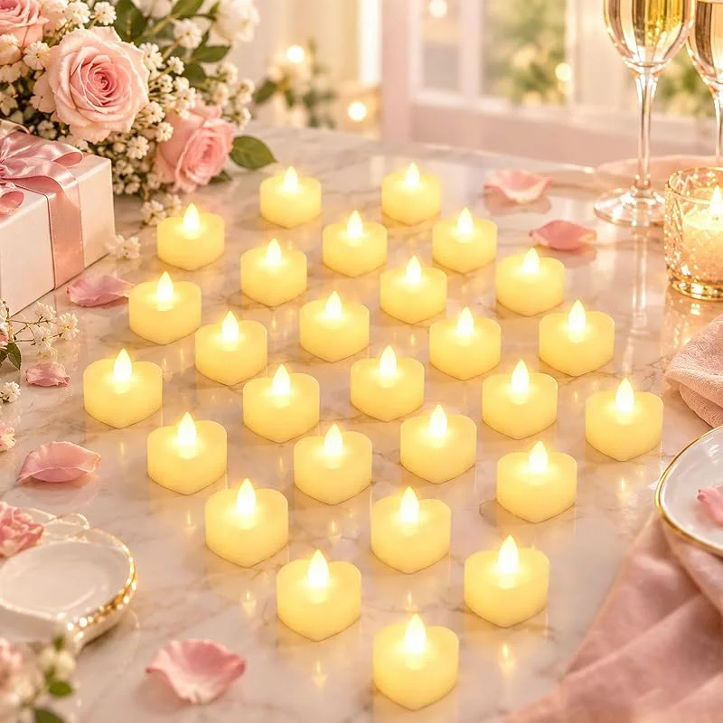 Weiongppy 24 Velas LED Corazón, Velas Sin Llama con Luz Blanca Cálida, Pilas Incluidas, Velas de Té Decorativas para Boda, San Valentín, Cumpleaños, Cena Romántica y Fiestas — Adviento y mesa