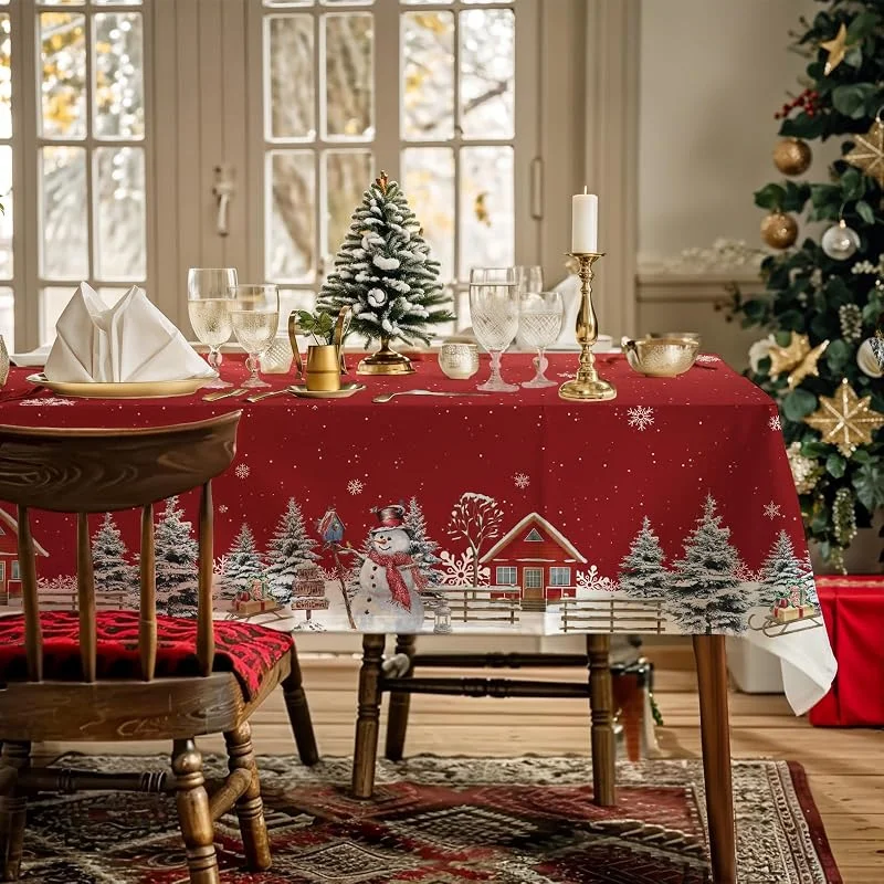 AIBIIN Mantel de Navidad, diseño de muñeco de Nieve, Copos de Nieve, casa de árboles de Navidad, Color Rojo, Lavable, para Comedor, Picnic, Fiesta, Suministros de decoración de Mesa, 132x182cm — Hogar y cocina