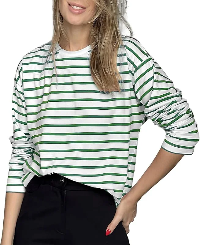 MGizo DtiSpectrum Camiseta Clásica De Manga Larga A Rayas Elásticas De Algodón De Ajuste Holgado para Mujer Tops con Cuello Redondo Usable Durante Todo El Año — Ropa Navidad