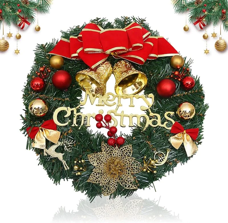 TENGWA Feliz Navidad Puerta 30 cm Corona Puerta Navidad con Cascabeles y Lazo Adornos Casa Puerta Exterior Ideal para Puertas de Entrada Escaparates Bodas y Fiestas — Decoracion Navidad