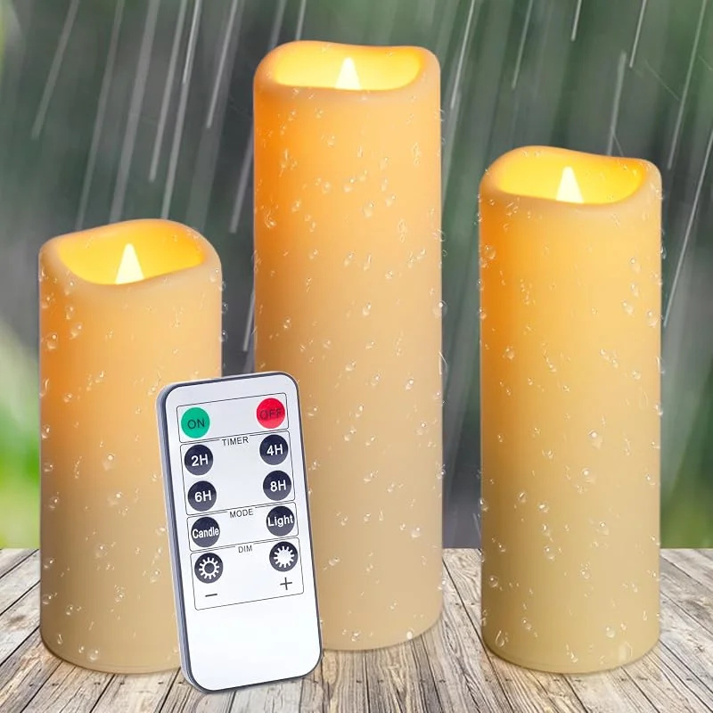 Auralome Velas LED Efecto Llama - 3 Conjunto de Velas Pilas Sin Llama con Temporizador Mando A Distancia Impermeable de Batería Eléctrica Exteriores con Velas de Base Gruesa Flama Parpadeante Marfil — Cena a la luz de velas