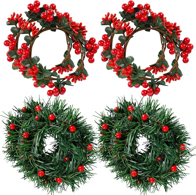 GLAITC Decoración de Mesa navideña, 8 Piezas Coronas de Velas Anillo de Vela de Navidad de Bayas Artificiales Rojas Coronas de decoración para pilares centros de Mesa de Navidad decoración de Fiestas — Decoracion Navidad