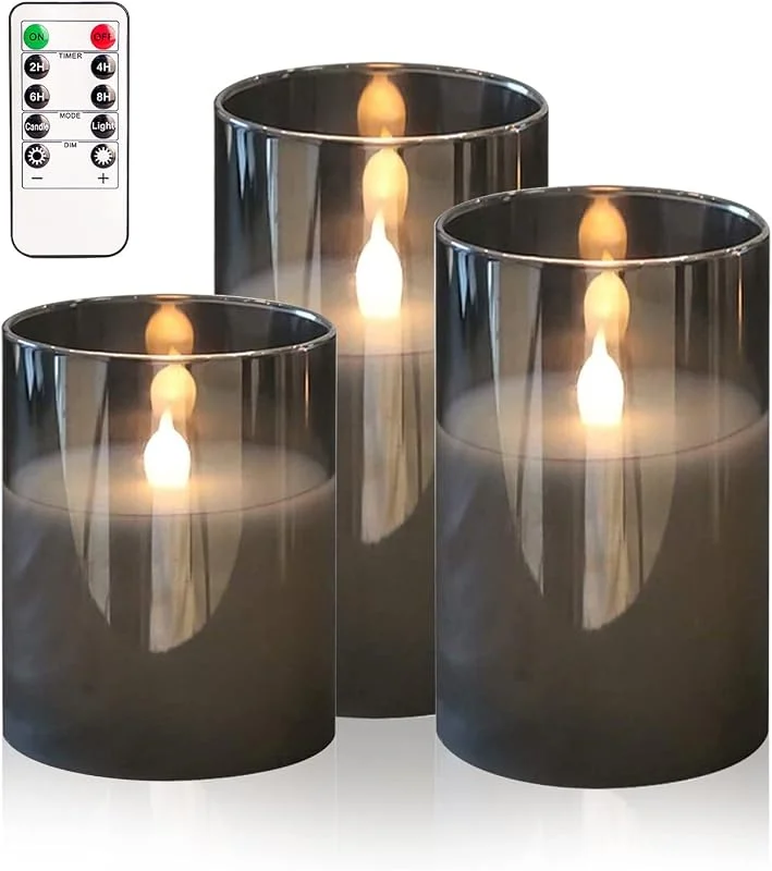 HIYAA Velas LED sin llama, velas LED de vidrio gris que funcionan con pilas parpadeando con control remoto, mecha 3D, luz cálida realista, velas LED parpadeantes con decoración de temporizador, gris — Cena a la luz de velas