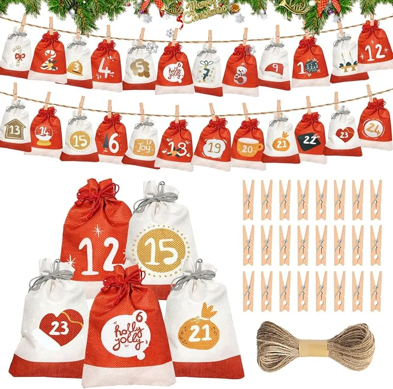 Noviatrix 24 Piezas Calendario Adviento para Rellenar, Calendario Adviento Vacio, Arpillera Calendarios Adviento Vacio, Adecuado para Decoraciones Navideñas en Hogares, Fiestas y Tiendas. — Adviento y mesa