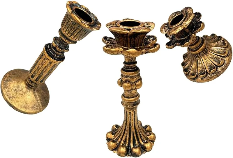 PRETYZOOM Portavelas 3 Piezas Clásico Francés de Resina Dorado — Cena a la luz de velas