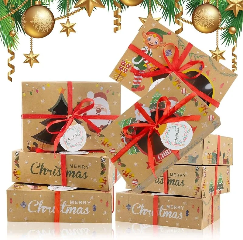 WuGU 12 PCS Cajas de Galletas de Navidad con Ventana, 22 x 15 x 7cm Cajas de Navidad para Galletas de Papel Kraft, Cajas de Regalo Navidad para Pastelería Galletas Dulces Postre — Envoltorio regalo