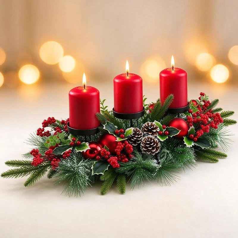 YULETIME Candelabro triple de Navidad de 28 pulgadas, portavelas con tres bandejas, lazo rojo y bolas, conos de pino natural, bayas rojas, acebo de hojas verdes, ramas de abeto, agujas de pino — Cena a la luz de velas