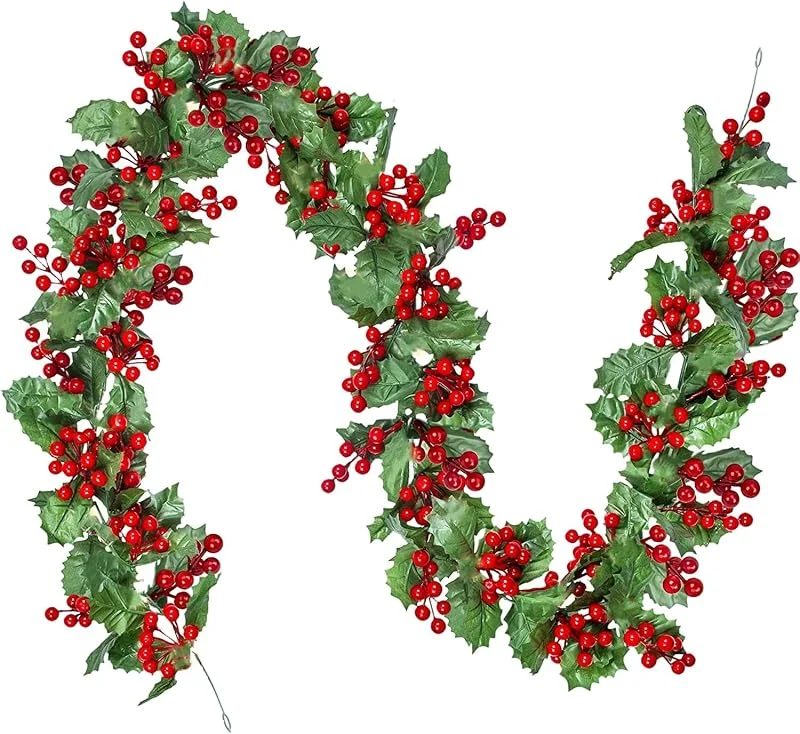 KAHEIGN Guirnalda Navideña de Frutos Rojos, 175CM Guirnalda de Bayas Artificiales Guirnalda de Vegetación Flexible con Frutos Rojos y Hojas de Acebo para Invierno Navidad Fiesta Año Nuevo Decoración — Decoracion Navidad