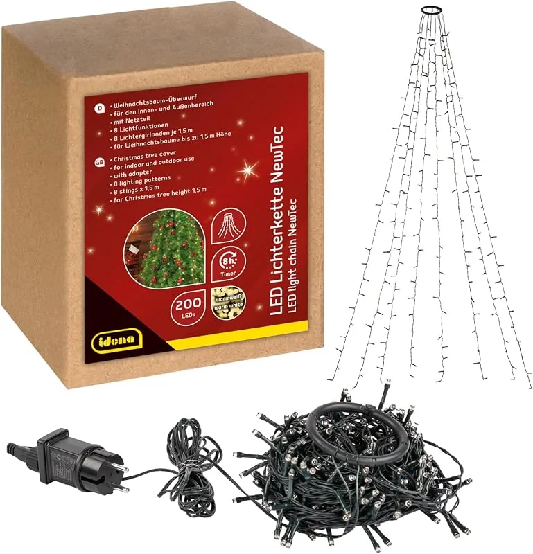 Visita la tienda de Idena Idena 31040 - NewTec LED fairy lights para interior y exterior 200 LED blanco cálido, cubierta de árbol de Navidad con 8 filamentos, 8 ajustes de luz, fuente de alimentación y temporizador de 8 horas — Luces Navidad