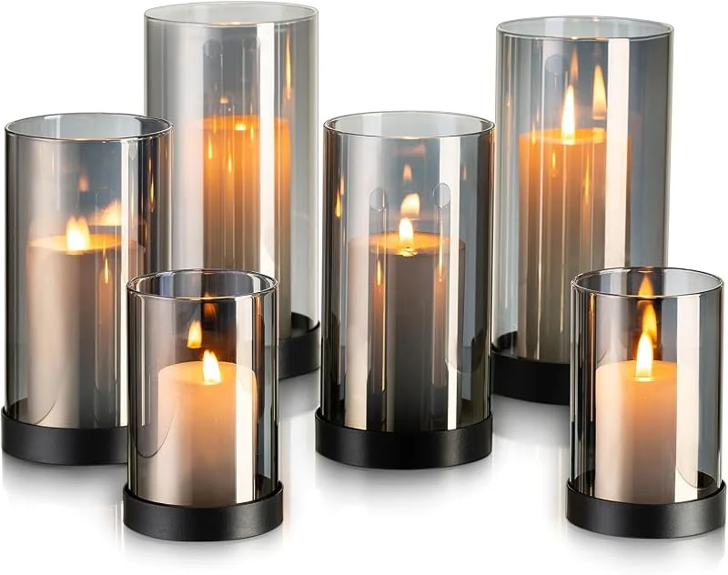 Hewory 6pcs Huracán de Vidrio Portavelas para Decoración Negro Cristal Gris Salón Mesa Comedor — Cena a la luz de velas