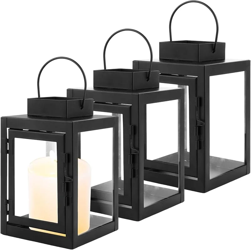 YAYODS Set de 3 farolillos Negros de Metal y Cristal para Velas — Cena a la luz de velas