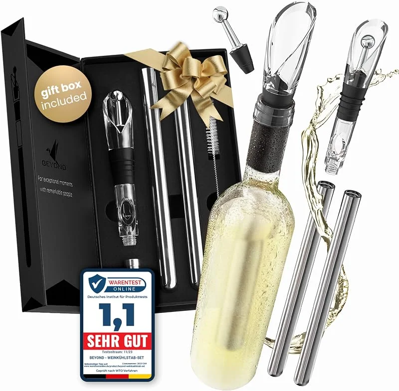 Beyond Enfriador de Botellas de Vino Acero Inoxidable con Vertedor – Varilla Enfriadora Accesorio ideal y Regalo para Amantes del Vino Hombre Mujer, Para Vino Blanco y Tinto (Set de Regalo) — Vino y mesa festiva