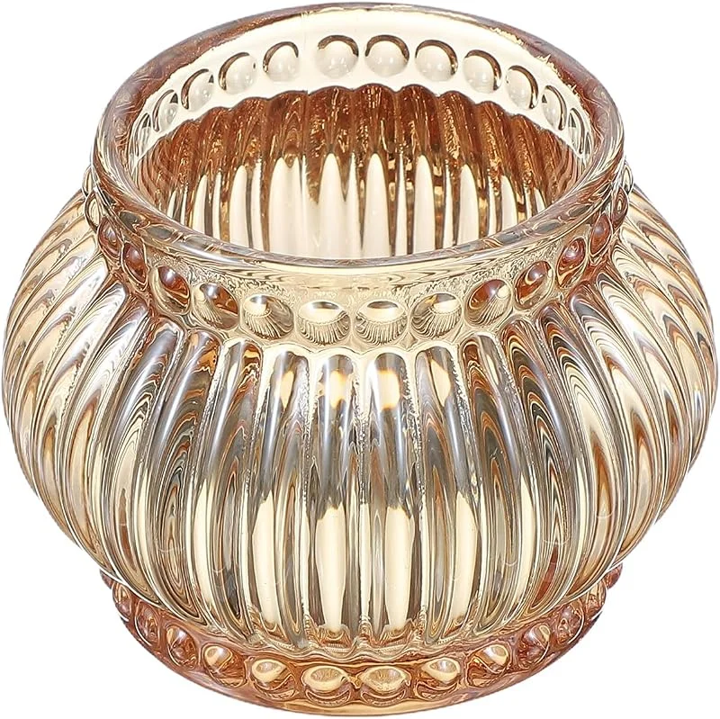 Visita la tienda de sourcing map sourcing map Portavelas de cristal para velas de té, portavelas votivo de cristal redondo a rayas para escritorio, centro de mesa, boda, fiesta y decoración del hogar (naranja) — Cena a la luz de velas