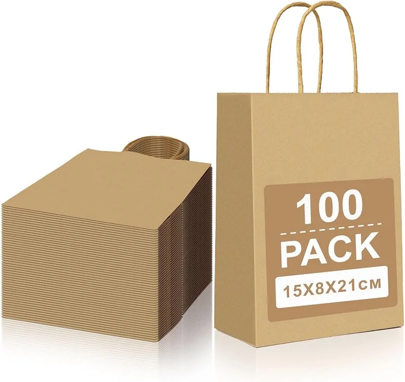 Gucass 100 Pieza Pequeñas Bolsas Papel Kraft con Asas, Marrón Bolsas de Papel Regalo, 15x8x21cm, Bolsitas de Regalos para Embalaje de Regalo, la Compra, Navidad Fiestas de Cumpleaños Bodas — Envoltorio regalo
