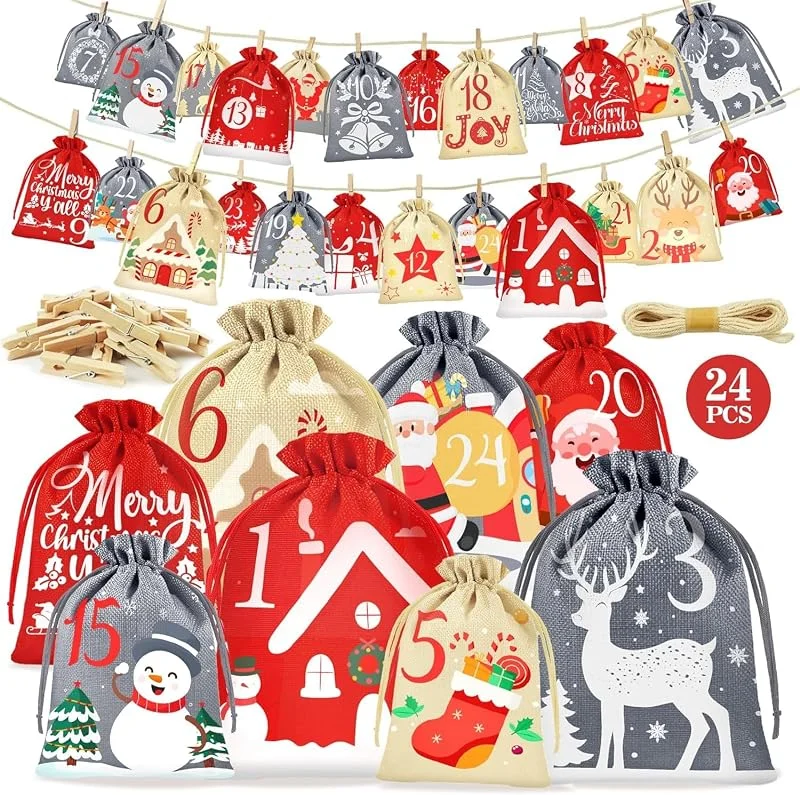 ZALASUNG Calendario de Adviento para rellenar niños, 24 sacos, calendario de Navidad 2026, rellenar, 4 tamaños, calendario de Adviento, bolsa de Papá Noel para niños y adultos — Adviento y mesa