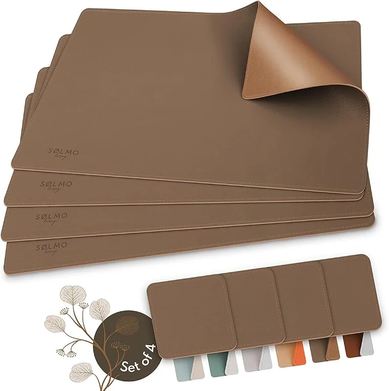 Sölmo sølmo I - Mantel Individual de Piel sintética, Resistente al Calor, Bicolor I 4 manteles Individuales limpiables con Posavasos, manteles Individuales de Piel, manteles para niños (marrón, Dorado) — Hogar y cocina