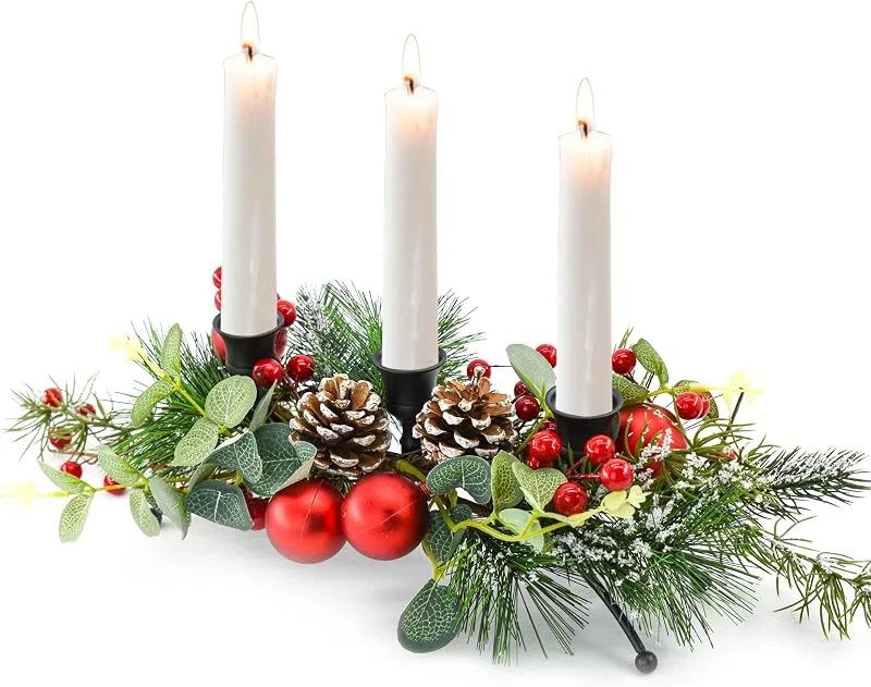 MrMrKura Centro de Mesa de Navidad con 3 portavelas, Decoraciones de Mesa con Conos de Pino y Bayas Rojas, Decoraciones de Navidad para Interiores para decoración de Comedor — Decoracion Navidad