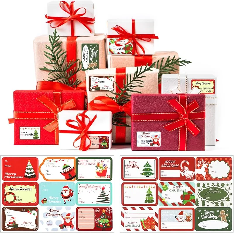 GEEHUA 180 Piezas Etiquetas Adhesivas Navideñas, 18 Diseños Etiquetas Navideñas, Etiquetas de Regalo con Árbol de Navidad, Campanas de Reno, para Regalos Navideños, Tarjetas de Fiesta, Decoración — Envoltorio regalo