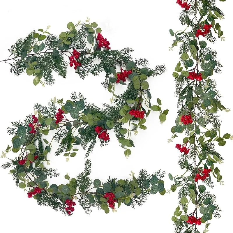 Visita la tienda de SHEPIN SHEPIN 2 guirnaldas navideñas de pino artificial como real, pino verde, eucalipto, bayas rojas, verde abeto (2 verdes con bayas rojas) — Decoracion Navidad