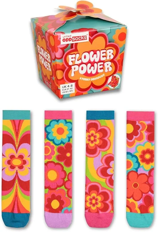 Visita la tienda de United Oddsocks United Oddsocks Flower Power Caja Regalo con 4 Calcetines Mujer Retro Mix and Match, Calcetines Divertidos de Algodón con Flores Coloridas Estilo Años 60 UK 4-8 EUR 37-42 US 6.5-10.5 — Ropa Navidad