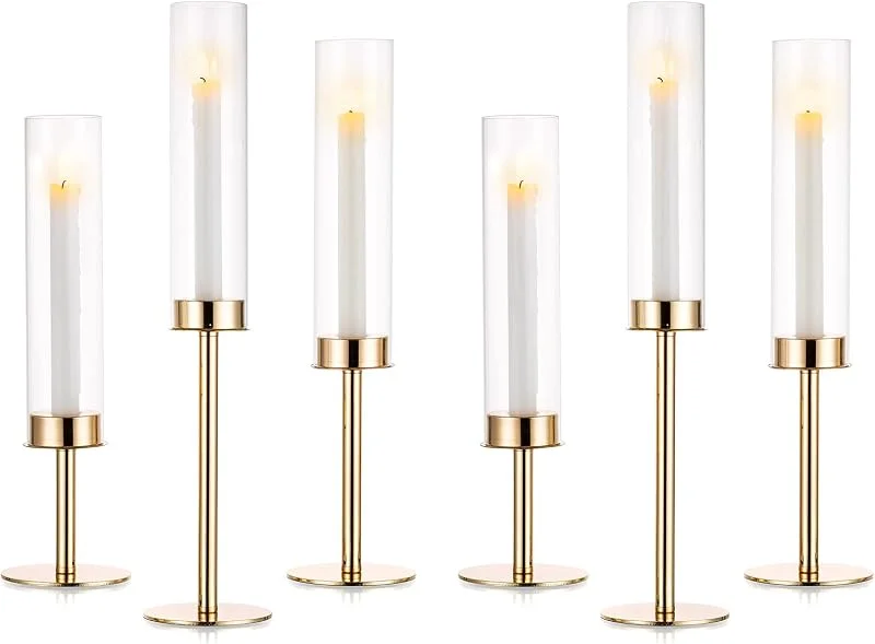Visita la tienda de Nuptio Nuptio Portavelas de Cristal: 6 Piezas de Metal Candelabro de Oro Candelabros, Vela Taper Palo Alto Cilindro Sin Fondo Portavelas de Boda Fiesta de Mesa Centro De Mesa Decoración de Comedor — Cena a la luz de velas