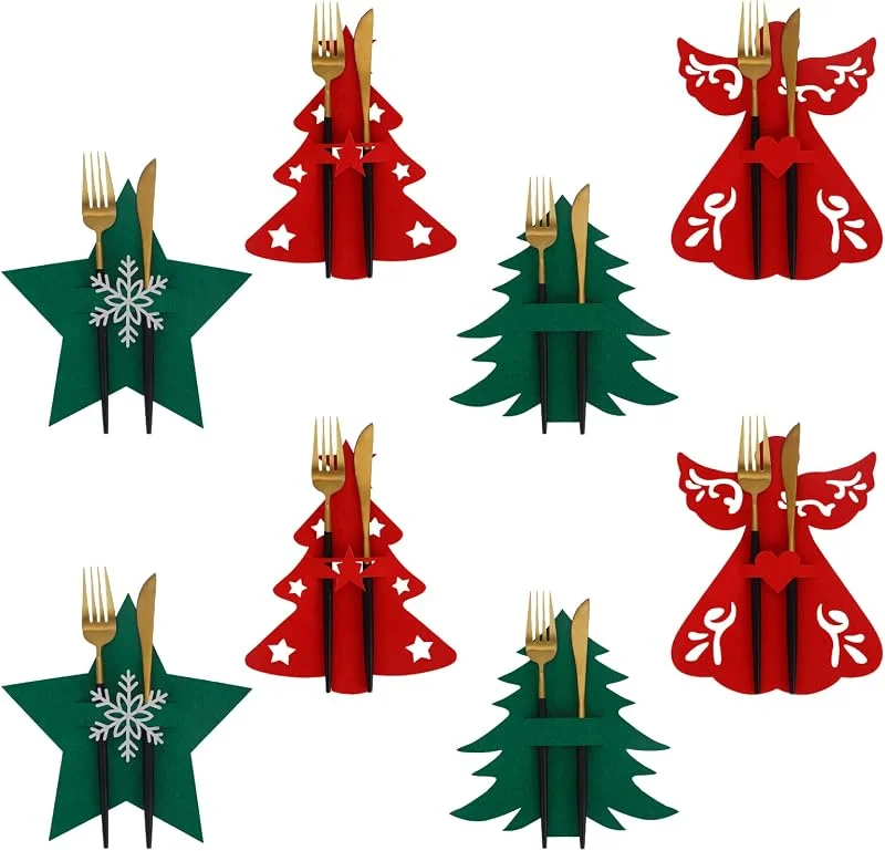 Jodsen 8 Piezas Cubiertos de Plata para Decoración de Mesa Navideña - Bolsita para Portacubiertos con Árbol, Estrella, Ángel - Titulares para Cuchillo, Tenedores, Vajilla - Bolsas Funda para Fiesta, Cena — Adviento y mesa