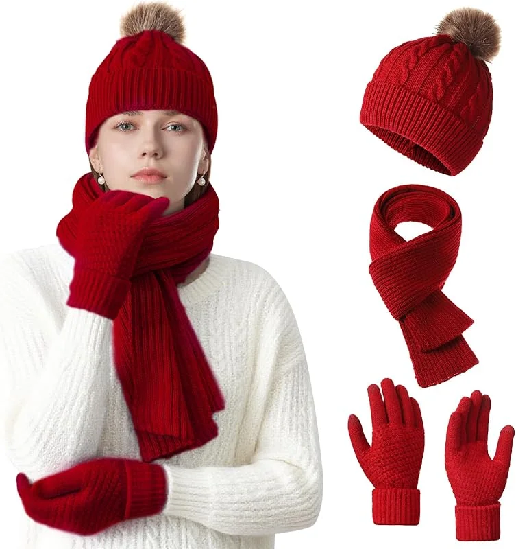 NHTJTHE Gorro, bufanda y guante para hombre, guantes para pantalla táctil, bufanda 3 en 1, como regalo en frío invierno — Ropa Navidad