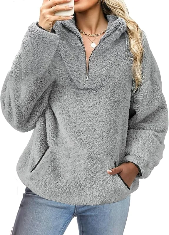 Koerye Sudaderas sin Capucha con Cremallera Mujer Casual Polar Suelto Manga Larga Suéter Pullover Moda Jersey de Forro Polar Suelto Sweatshirt — Ropa Navidad
