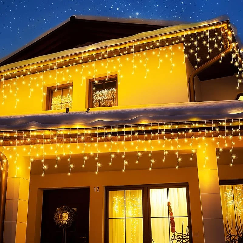 BrizLabs Navidad Decoración Cortina Luces, 1000 LED Carámbano Guirnaldas Luces Exterior Cadena Luce de Ventana 8 Modos Luz de Cascada para Interior Casa Ventana Alero Jardín Boda Fiesta, Blanco Cálido — Luces Navidad